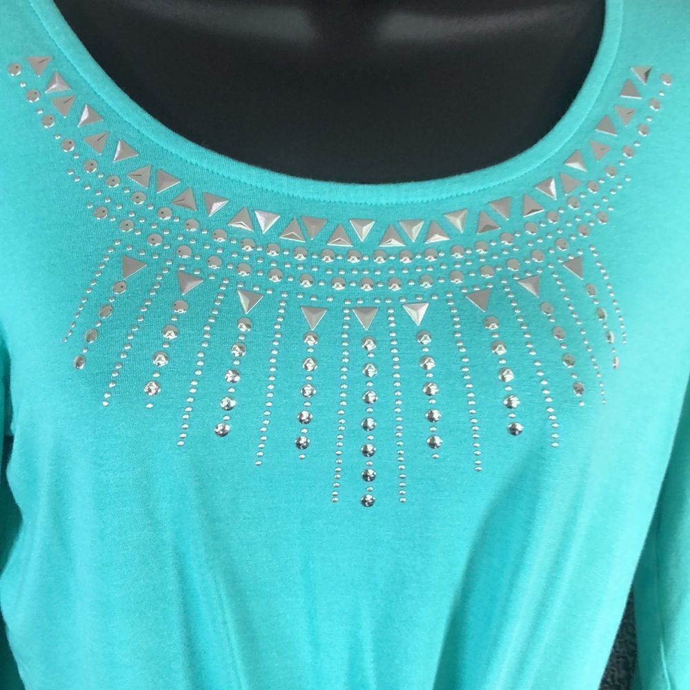 JM Collection Petite Blouse aqua Green Tie Front with Three Quarter Sleeves - Picture 4 of 7